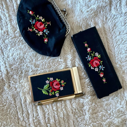 Vintage women's accessory set with wallet and handmade floral embroidery used