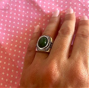 Μεγάλο δαχτυλίδι Reclaimed Vintage (ASOS) επάργυρο με πράσινη πέτρα, μέγεθος  XS