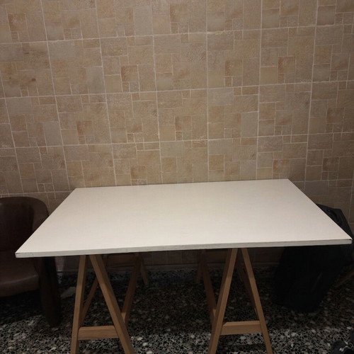 Modern desk table with white surface and wooden trestles, like new