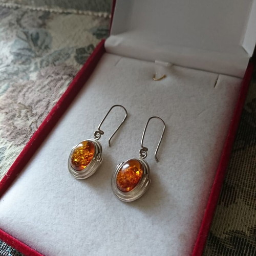 Silver earrings classic style with natural Baltic amber like new