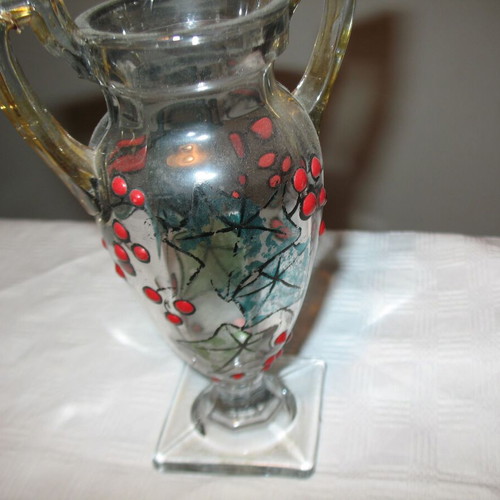 Glass decorated amphora-shaped vase hand-painted like new from the 60's