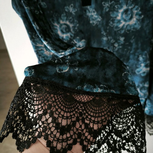 Velvet blouse long-sleeve with lace new, petrol color