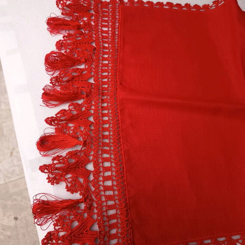 Set of 4 red linen table linens with handmade lace new