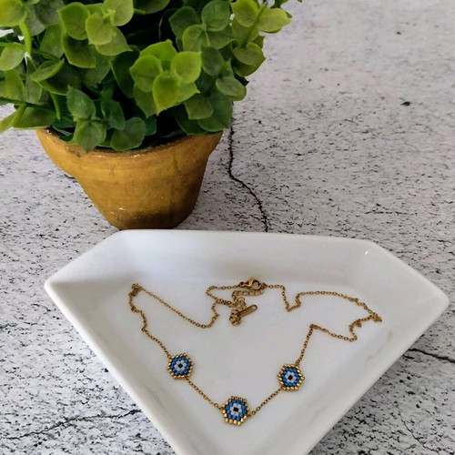 Steel necklace three evil eyes miyuki made to order, blue and gold