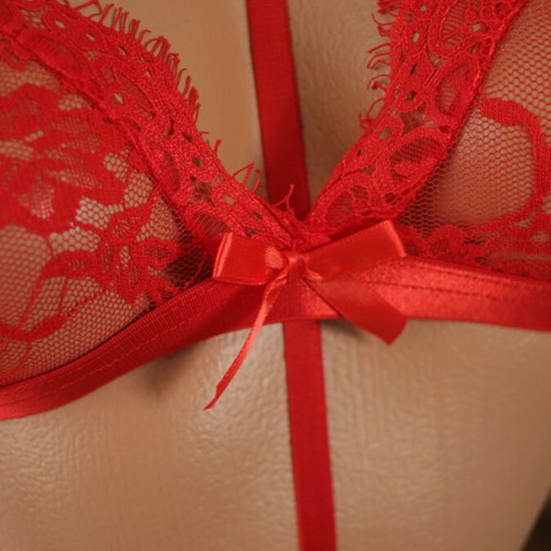 Lingerie set of three pieces with lace, red, new