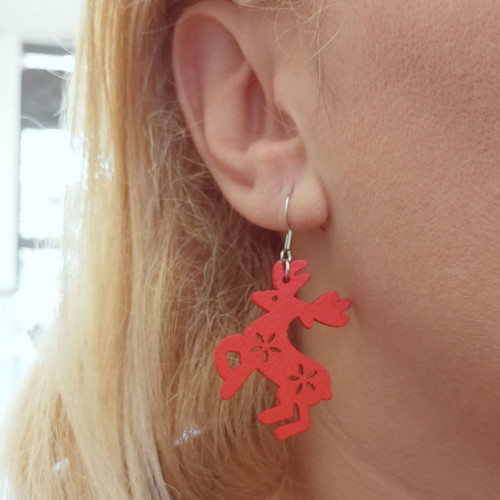 Wooden reindeer earrings new, red with stainless steel hooks