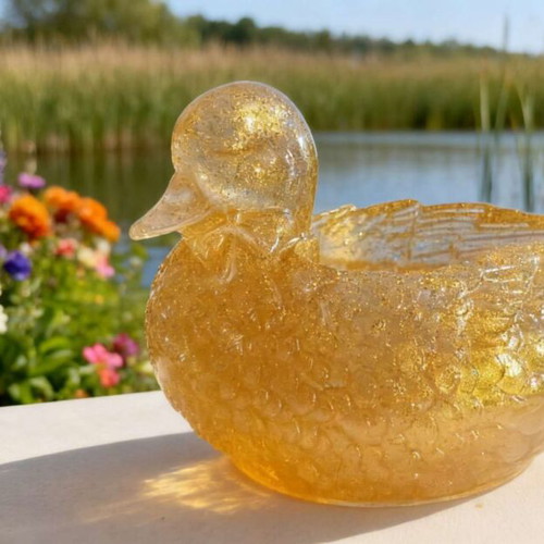 Golden duck candle holder new, made of liquid glass 11 x 8 cm