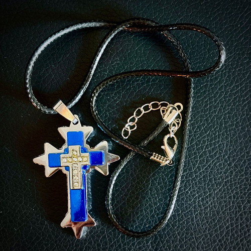 Blue cross pendant with crystals, steel