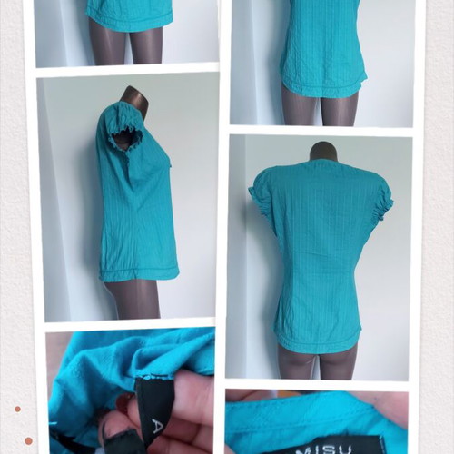 Amisu turquoise cotton tunic blouse with puff sleeves