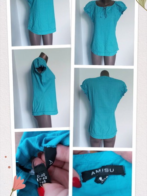 Amisu turquoise cotton tunic blouse with puff sleeves