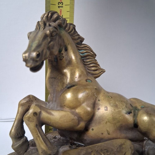 Bronze horse sculpture used, vintage wealth symbol on coins