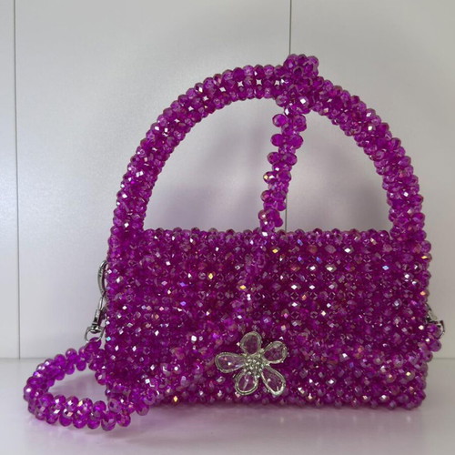 Handmade shoulder bag with crystal beads in fuchsia-pink
