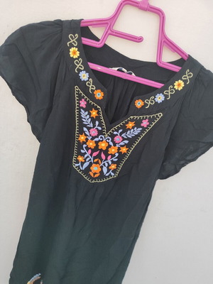 Peacocks Boho Black Dress with V-Neck and Colorful Embroidery like new
