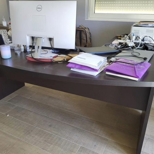 Sato desk used with curved wooden surface and Wenge drawer unit