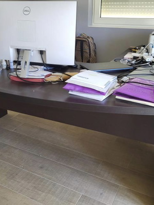 Sato desk used with curved wooden surface and Wenge drawer unit