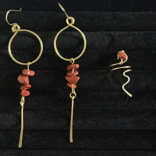 Handmade jewelry set with red jasper chips, brass earrings and ring