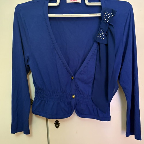 Folies women's blouse cardigan with decorative bow and rhinestones, blue