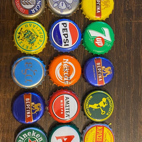 Beer and soda bottle caps used, pack of 15, Greek and foreign