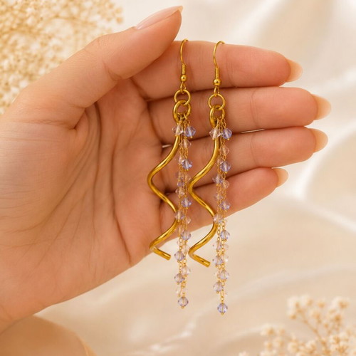Handmade Golden Wave & Crystals Earrings new, multicolor
