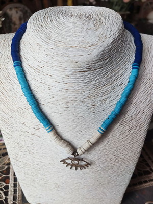 Summer necklace with fimo beads and metal eye pendant like new