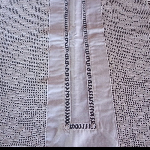 Set of 3 handmade white linen table runners with crocheted cotton lace