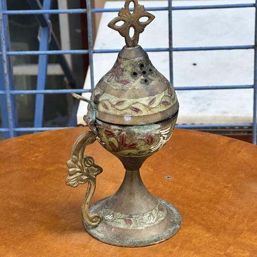 Vintage metal censer with cross, used, 17x10 cm