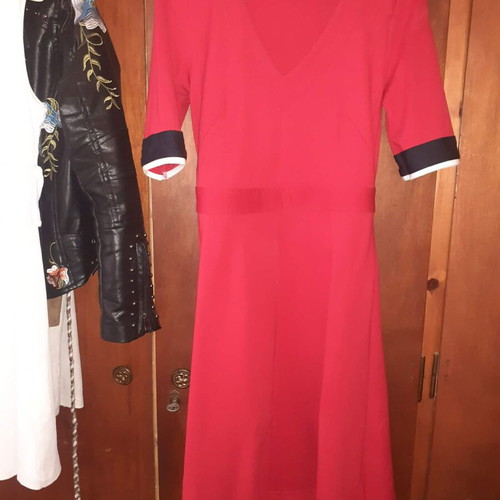 Tommy Hilfiger red dress with V neck and blue and white sleeve stripes, like new