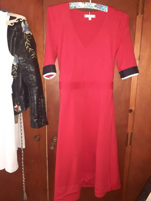Tommy Hilfiger red dress with V neck and blue and white sleeve stripes, like new