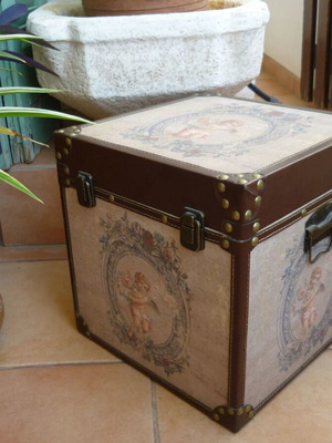 Wooden box used with fabric cover and cherubs