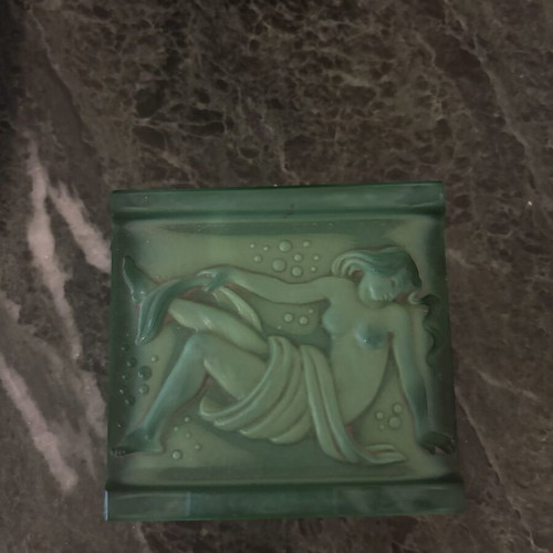 Art Deco Malachite Glass Jewelry Box with Embossed Water Nymph, Vintage