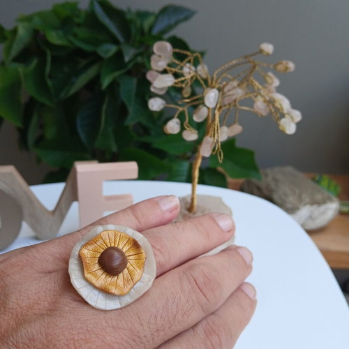Handmade polymer clay ring, brown and gold