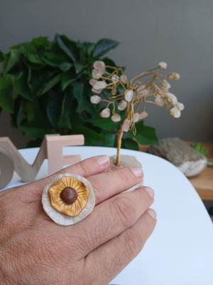 Handmade polymer clay ring, brown and gold