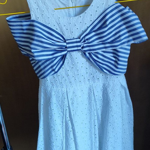 Lapin house summer dress white with blue striped bow, like new, size 6 years