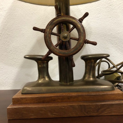 Table lamp new, wood with brass and nautical decorative helm