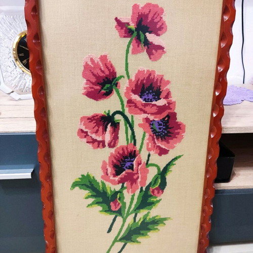 Vintage hand-embroidered painting like new with wooden frame 36x64