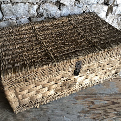 Vintage wicker chest used, rustic decor storage box