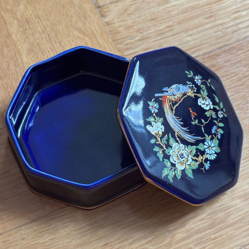 Small porcelain jewellery box blue cobalt and 24k gold new