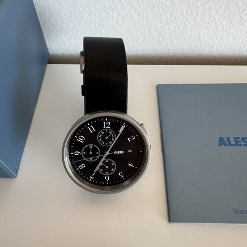 Alessi Record Chronograph AL6021 men's watch quartz black leather strap like new
