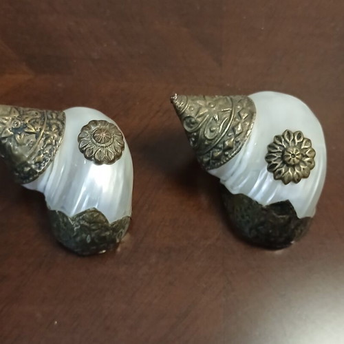 Tibetan natural shells set with alpaca overlay, handmade, vintage