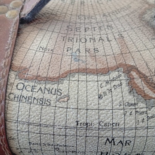 Globe-themed wooden and leather chest like new