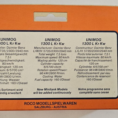 Roco Minitanks Unimog 1300 L KrKw HO 1:87 like new