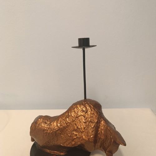 Handmade Wooden Bull Candlestick Holder Bronze Effect