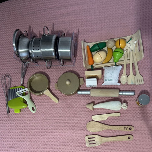 Hape Wooden Kitchen Toys Like New with Metal Pots and Wooden Fruits