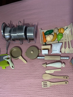 Hape Wooden Kitchen Toys Like New with Metal Pots and Wooden Fruits