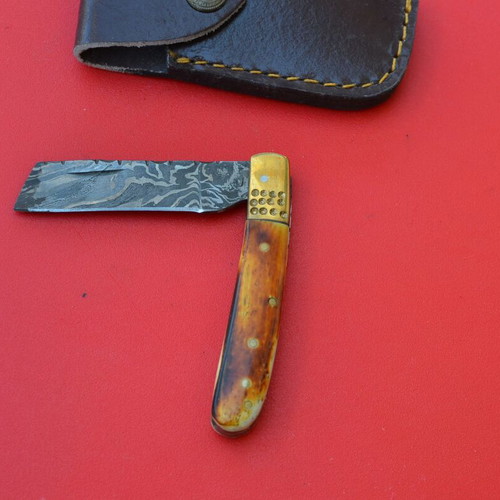 Damascus Custom Made Folding Tando Knife With Stain Bone Handle