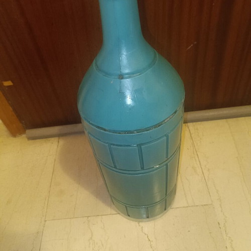 Vintage glass demijohn with protective case and handle, 50 cm