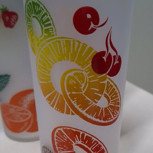 Set of 7 glass glasses for soft drinks like new with fruit designs