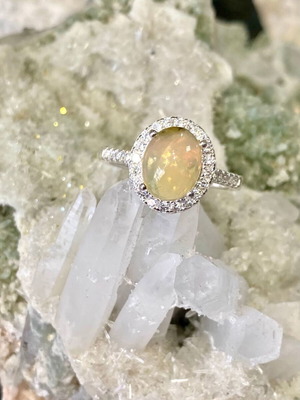 Handmade silver ring with natural fire opal and moissanites, new