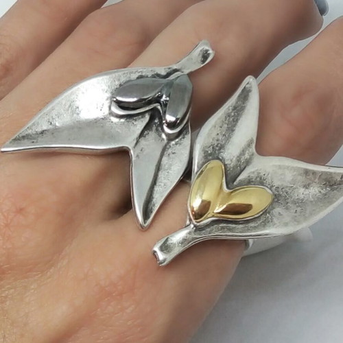 Handmade Olive Leaves Statement Ring with Dark Metallic Detail, Adjustable