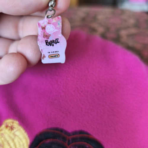Bratz pillow and keychain used, pink embroidered Cloe and Jade